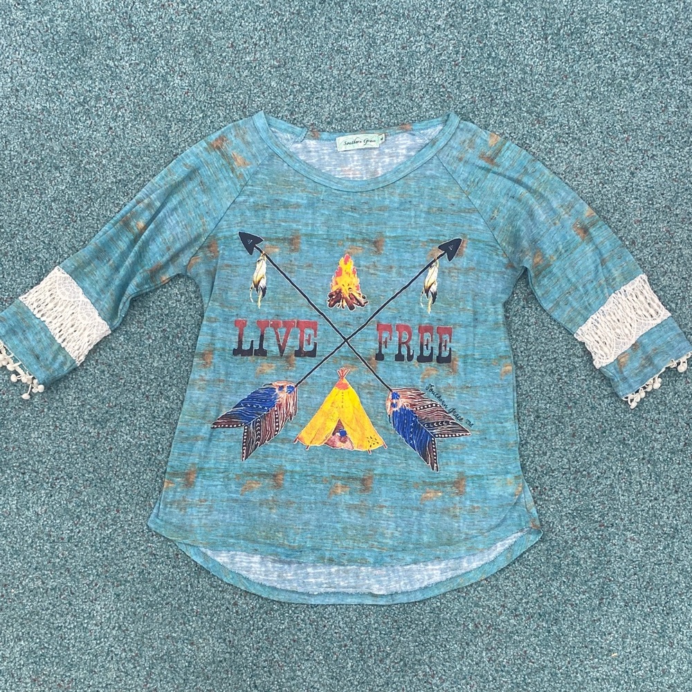 Southern Grace Long Sleeve Tee - Teal and Cream